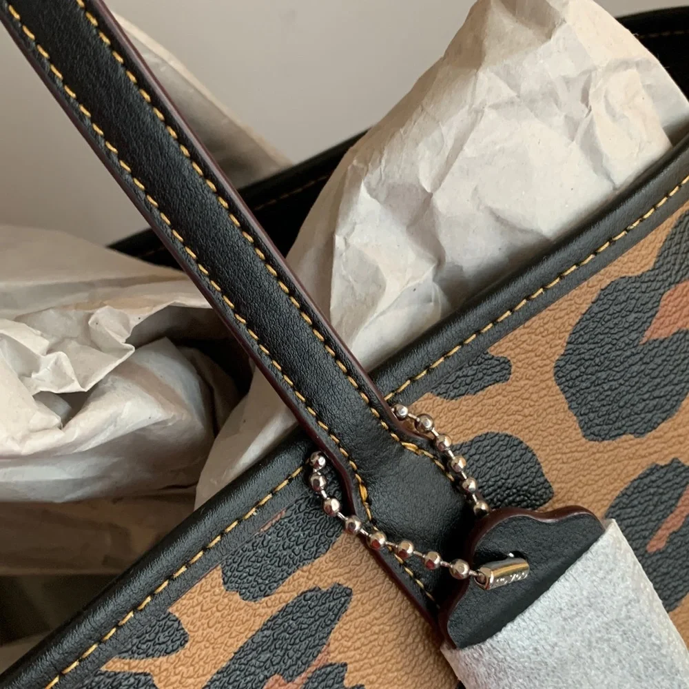 Coach Leopard Print Leather Tote Bag - Brown/Black